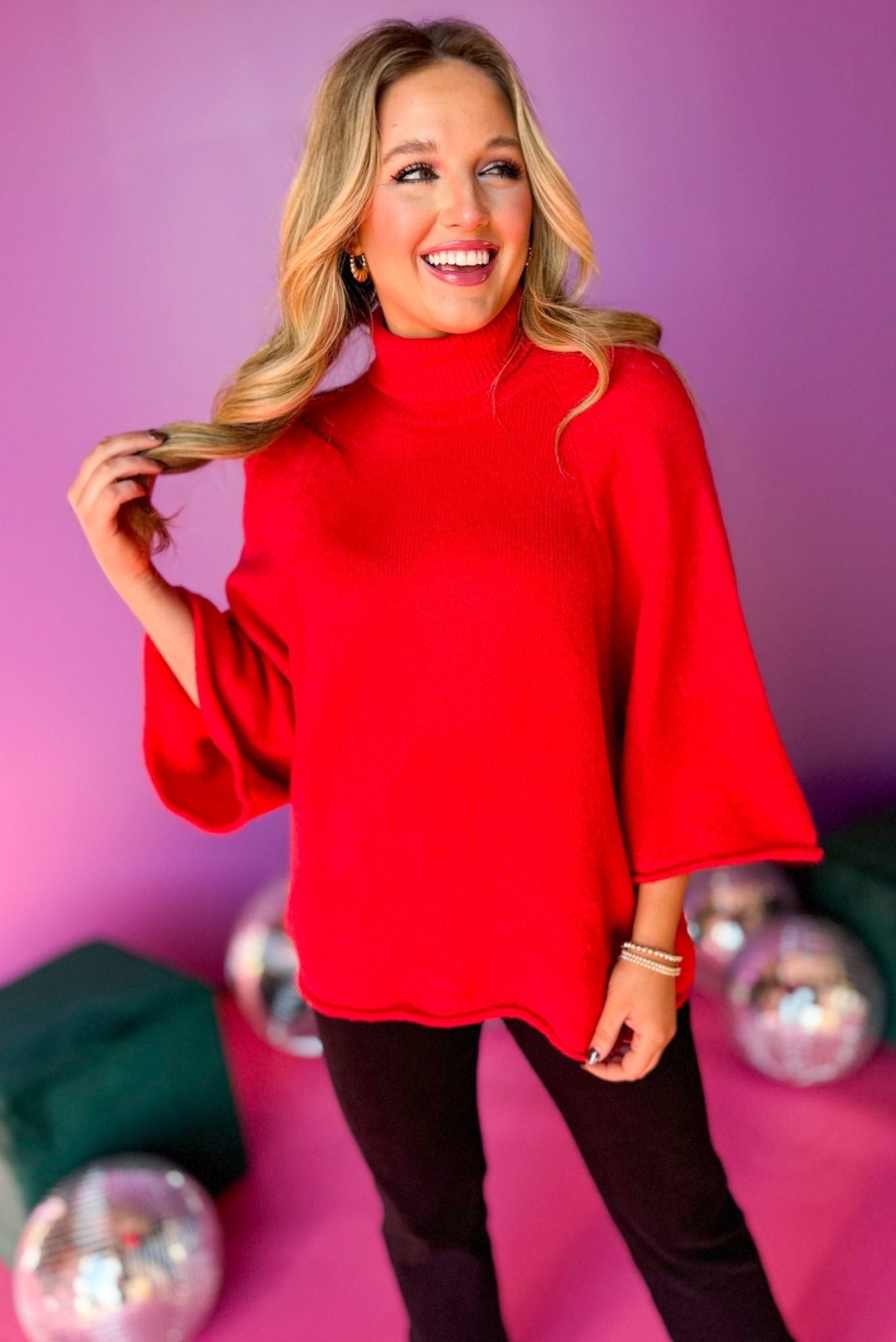 Red 3/4 Dolman Sleeve Turtleneck Pullover Top, must have top, must have style, winter style, winter fashion, elevated style, elevated top, mom style, winter top, shop style your senses by mallory fitzsimmons