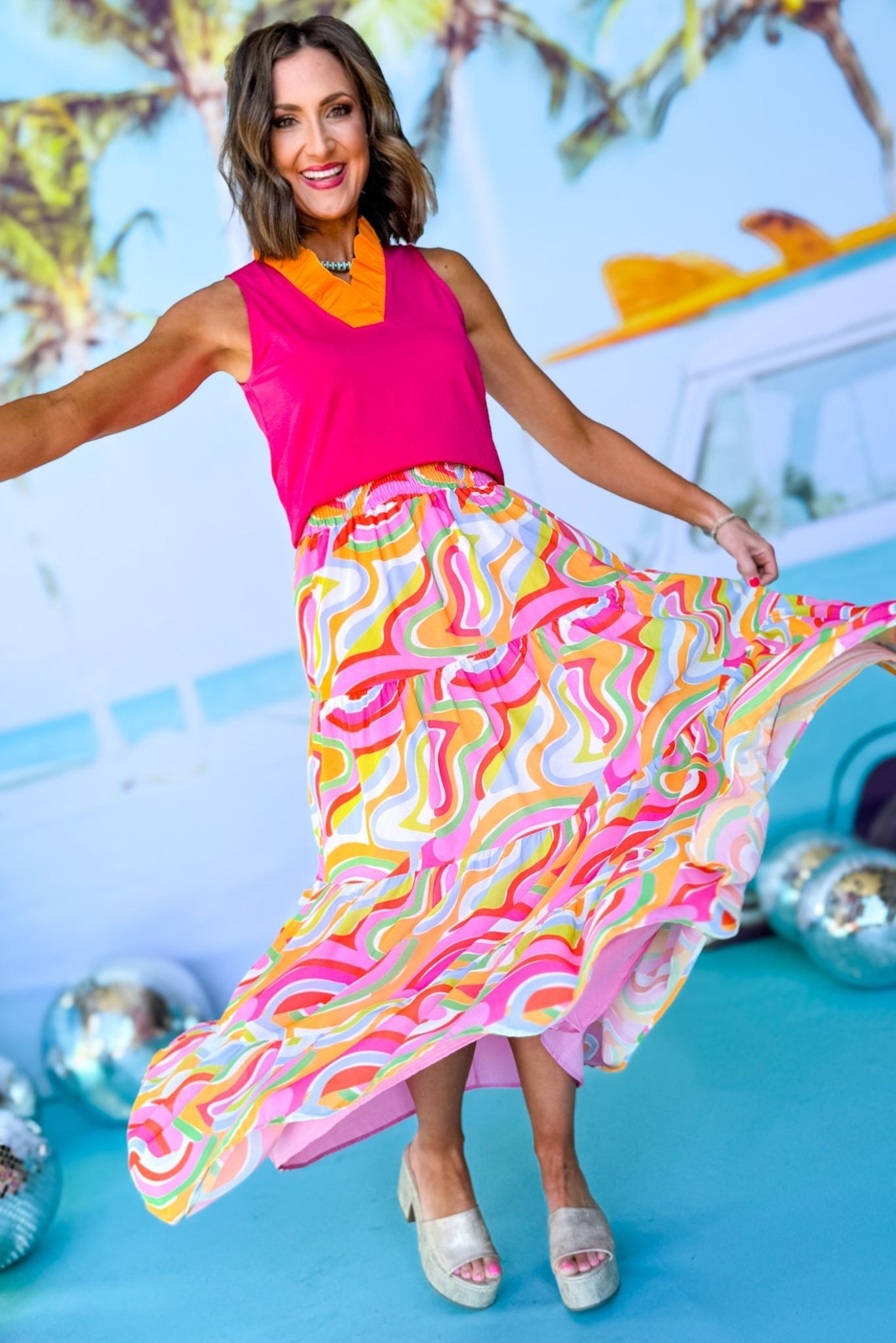 SSYS The Sadie Maxi Skirt In Swirl, ssys the label, spring break skirt, spring break style, spring fashion affordable fashion, elevated style, bright style, printed skirt, mom style, shop style your senses by mallory fitzsimmons, ssys by mallory fitzsimmons