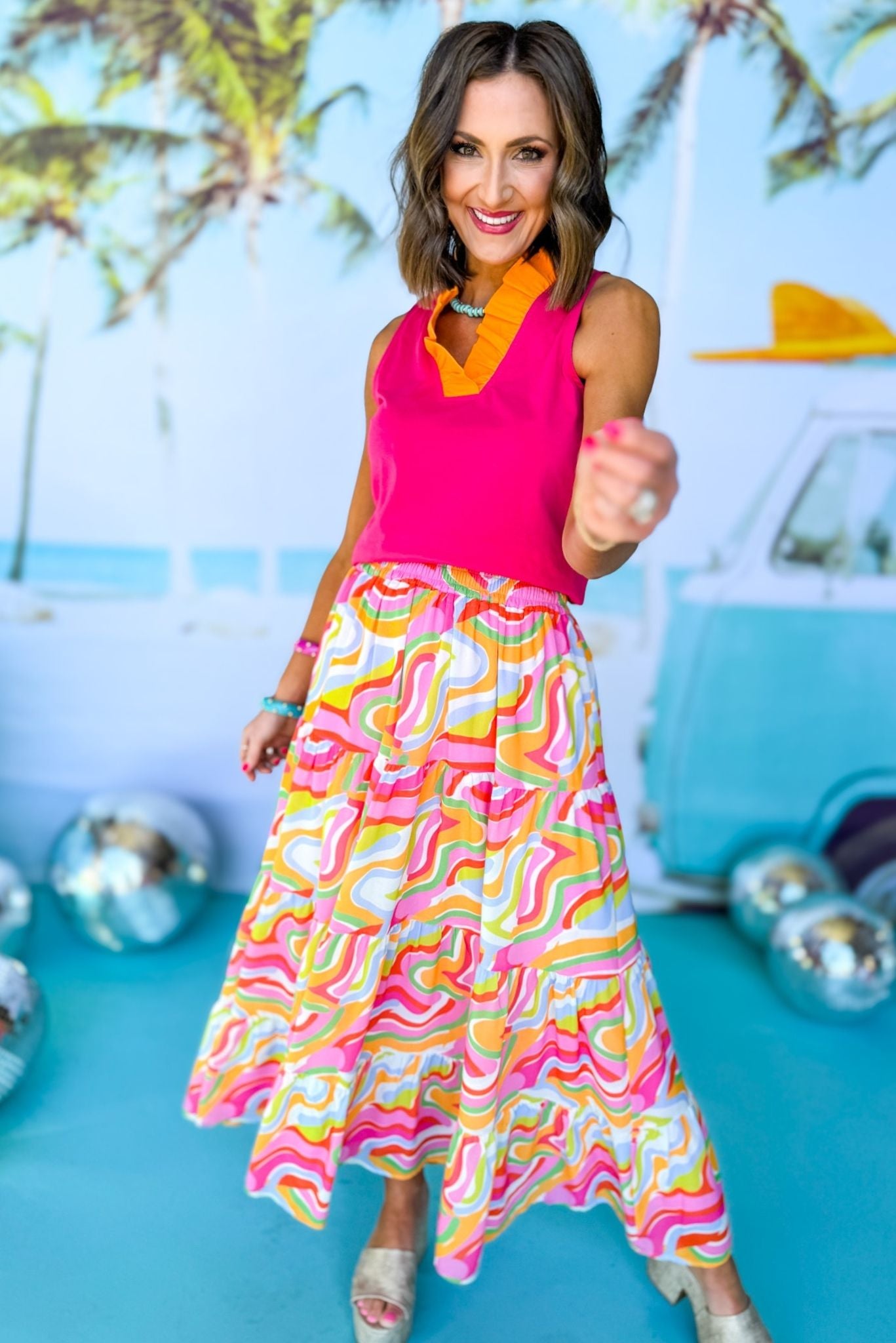 SSYS The Darcy Ruffle Colorblock Collar Sleeveless Top In Pink, ssys the label, spring break top, spring break style, spring fashion affordable fashion, elevated style, bright style, ruffle top, mom style, shop style your senses by mallory fitzsimmons, ssys by mallory fitzsimmons