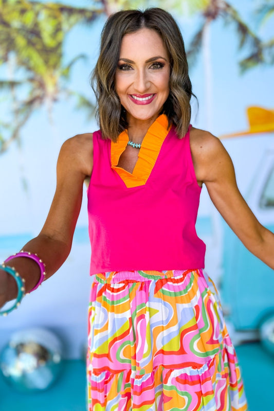  SSYS The Darcy Ruffle Colorblock Collar Sleeveless Top In Pink, ssys the label, spring break top, spring break style, spring fashion affordable fashion, elevated style, bright style, ruffle top, mom style, shop style your senses by mallory fitzsimmons, ssys by mallory fitzsimmons