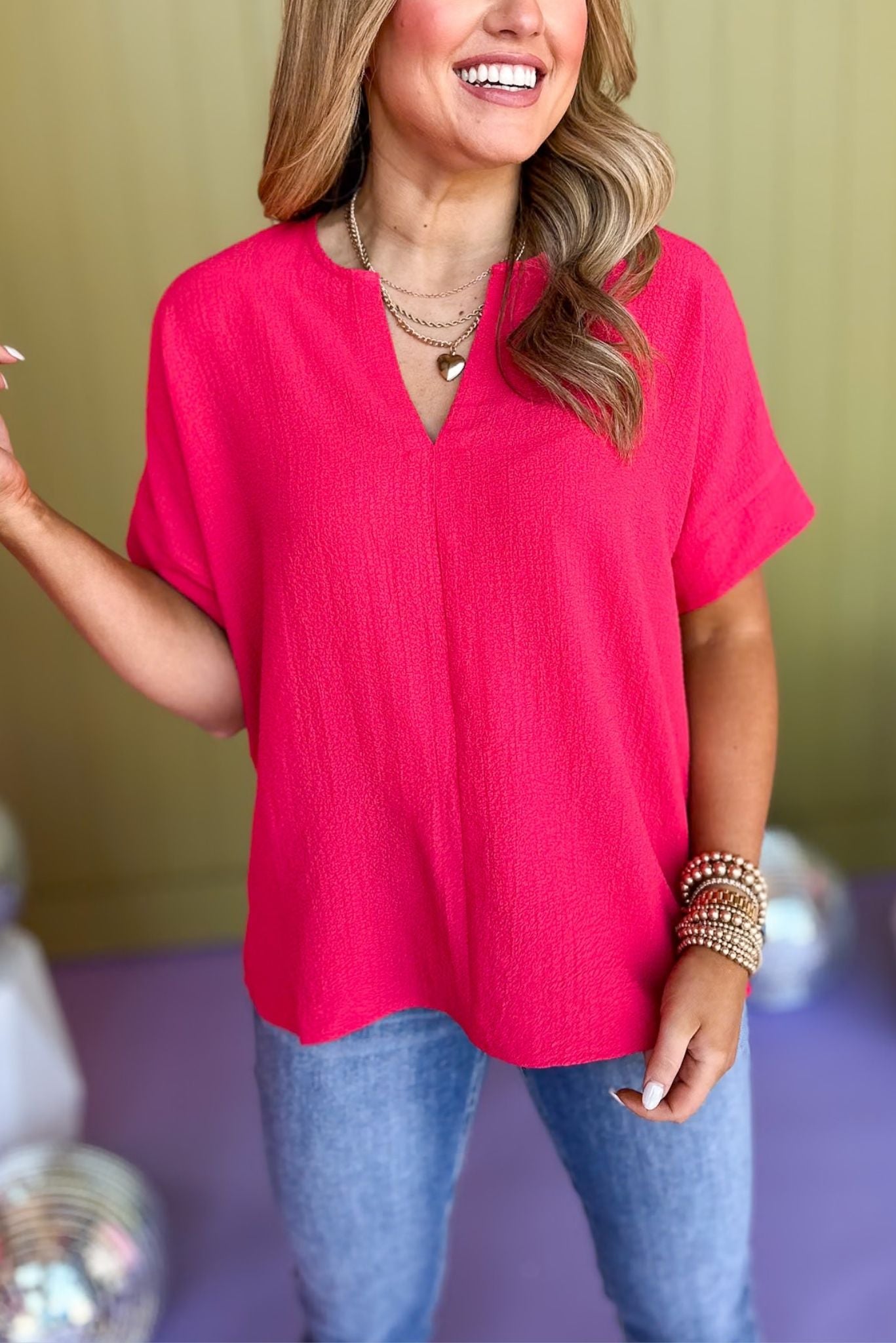 Magenta Bubble Airflow Split Neck Top *FINAL SALE* *Final Sale*, saturday steal, must have top, must have basic, basic top, elevated basic, closet staple, spring fashion, spring top, shop style your senses by mallory fitzsimmons, ssys by mallory fitzsimmons