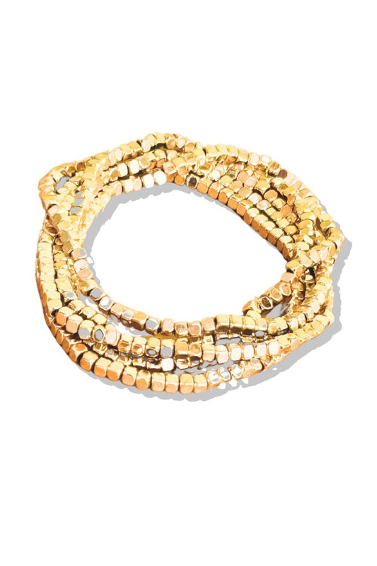 Gold Metal Cube Beaded Stretch Bracelet Stack