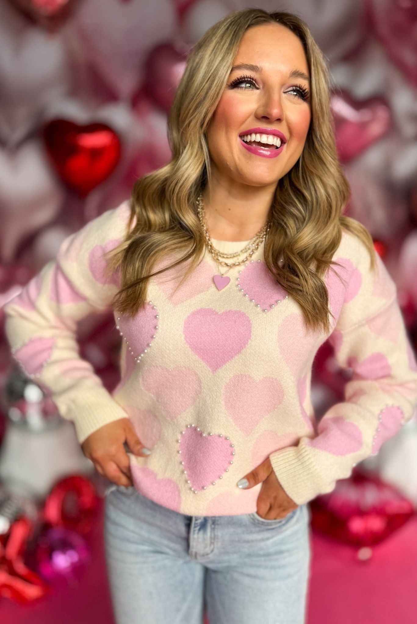 Cream Pink Heart Sweater, must have sweater, must have style, valentines style, valentines fashion, elevated style, elevated dress, mom style, valentines collection, winter sweater, shop style your senses by mallory fitzsimmons