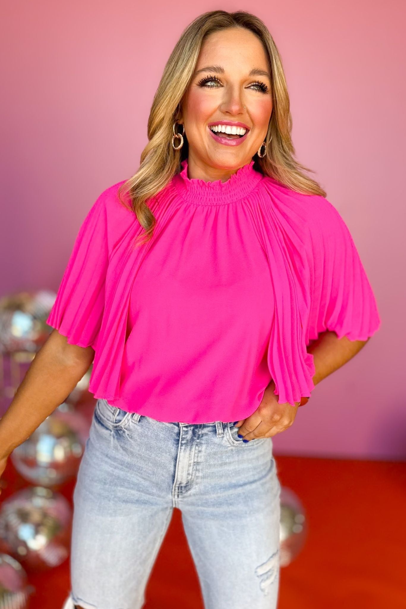  Fuchsia Mock Neck Pleated Short Sleeve Top, must have top, must have style, date night style, spring fashion, elevated style, elevated top, mom style, shop style your senses by mallory fitzsimmons, ssys by mallory fitzsimmons