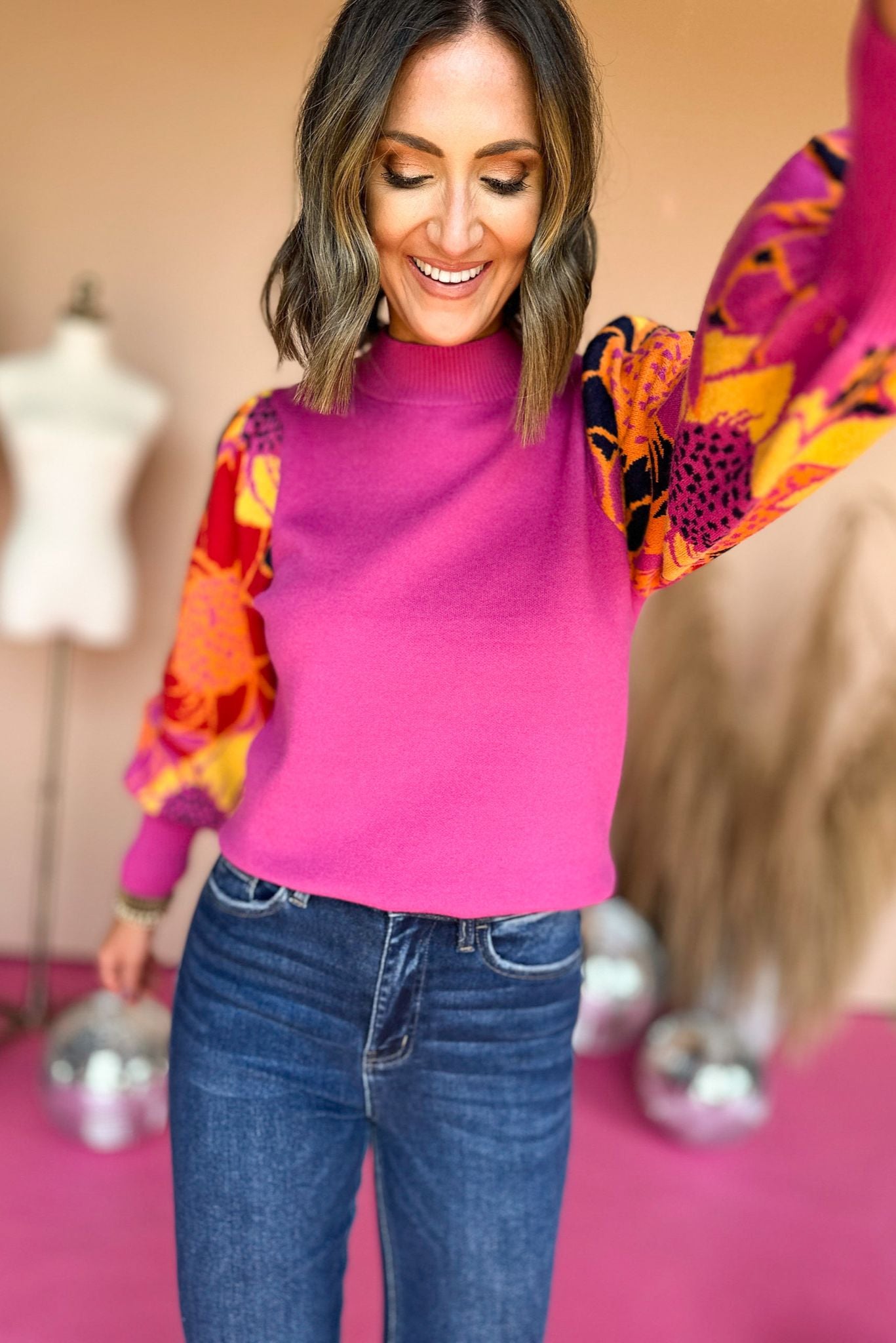 Pink Flower Printed Peasant Sleeve Pullover, elevated style, elevated sweater, floral sweater, floral print, statement sleeve, fall style, fall fashion, fall sweater, mom style, shop style your senses by mallory fitzsimmons