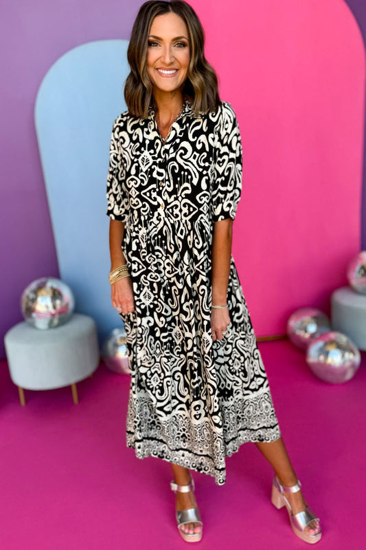 Black Paisley Printed Split Neck Collared Elbow Sleeve Dress, must have dress, must have style, weekend style, brunch style, spring fashion, elevated style, elevated style, mom style, shop style your senses by mallory fitzsimmons, ssys by mallory fitzsimmons