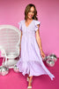 Lavender V Neck Ruffle Sleeve Button Front Tiered Midi Dress, summer dress, church dress, elevated style, shop style your senses by mallory fitzsimmons