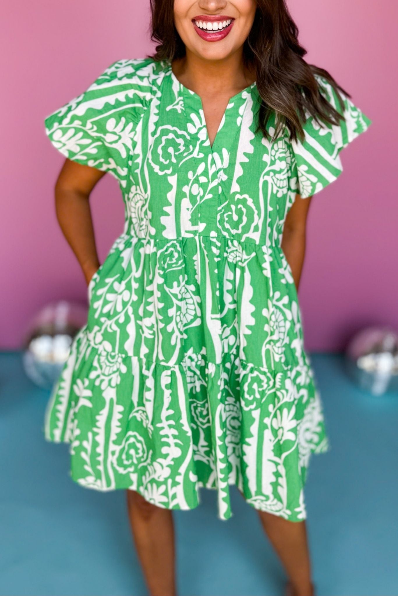 Green Slit Neck Bell Short Sleeve Wide Flounce Hem Dress *FINAL SALE* SSYS Green Slit Neck Bell Short Sleeve Wide Flounce Hem Dress *FINAL SALE* SSYS