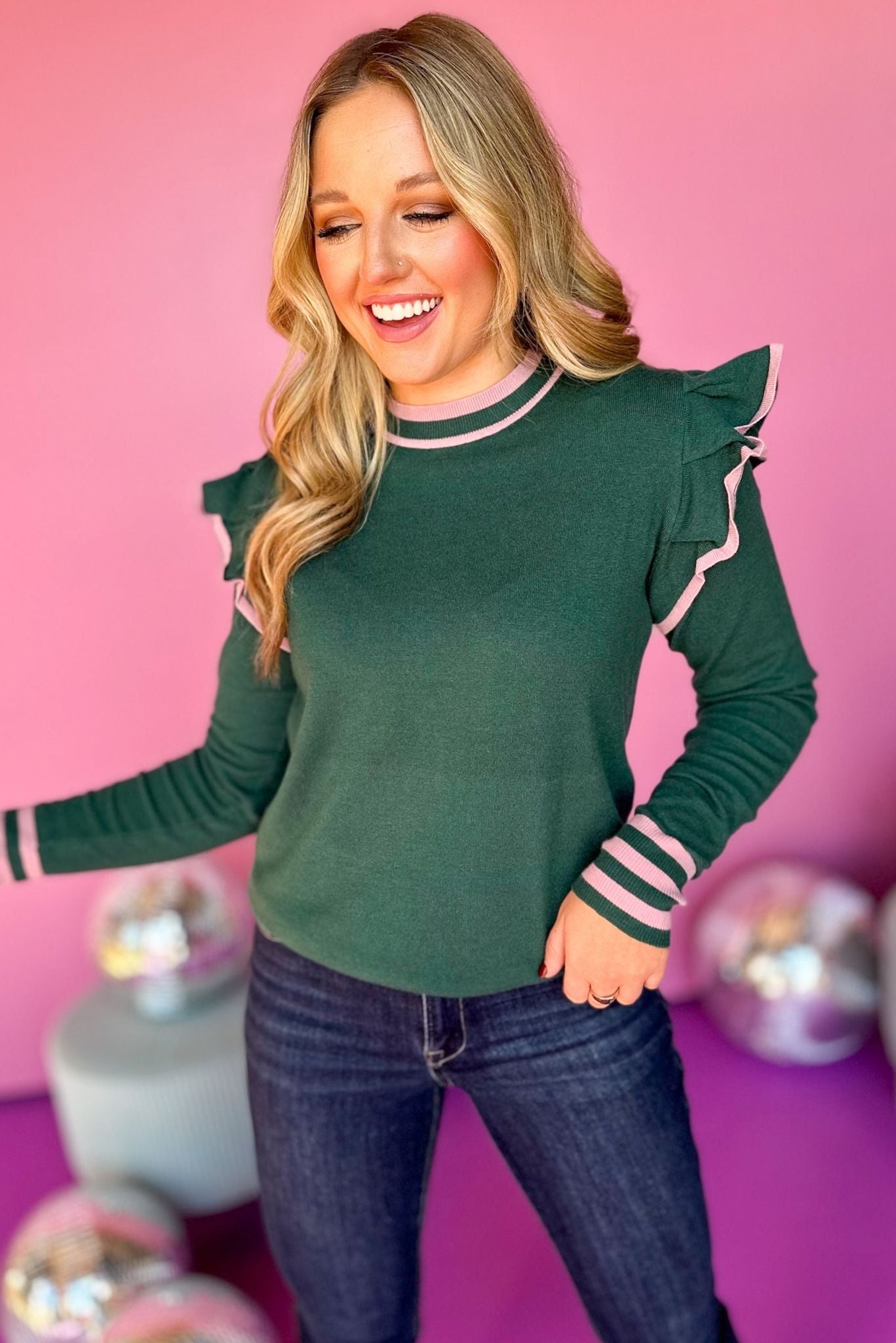 Hunter Green Striped Detail Ruffle Shoulder Long Sleeve Sweater, must have sweater, must have style, must have fall, fall collection, fall fashion, elevated style, elevated sweater, mom style, fall style, shop style your senses by mallory fitzsimmons