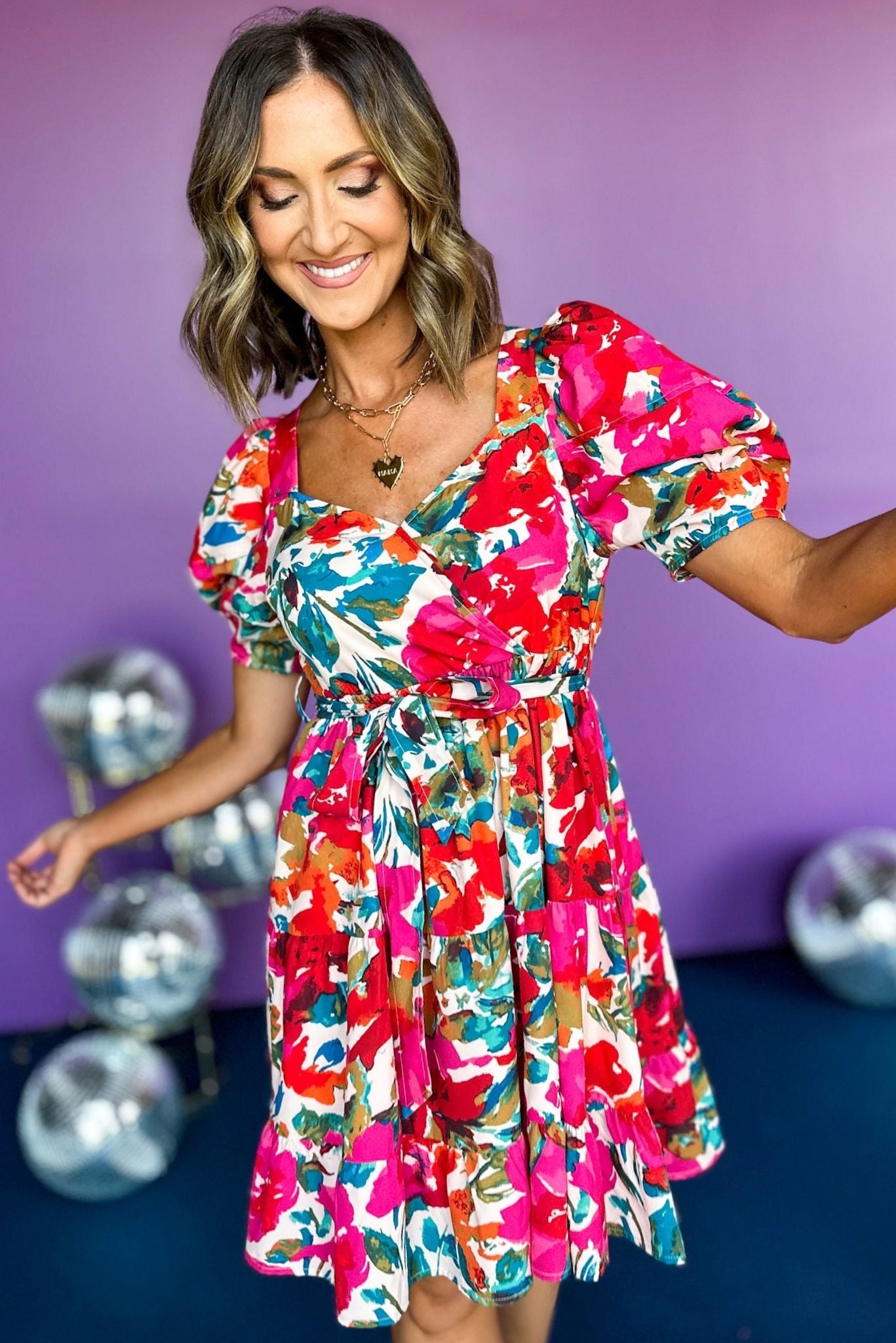 Cream Floral Printed Belted Short Lantern Sleeve Dress, must have dress, must have print, must have style, elevated dress, elevated style, date night style, date night dress, mom style, fall dress, fall style, shop style your senses by mallory fitzsimmons