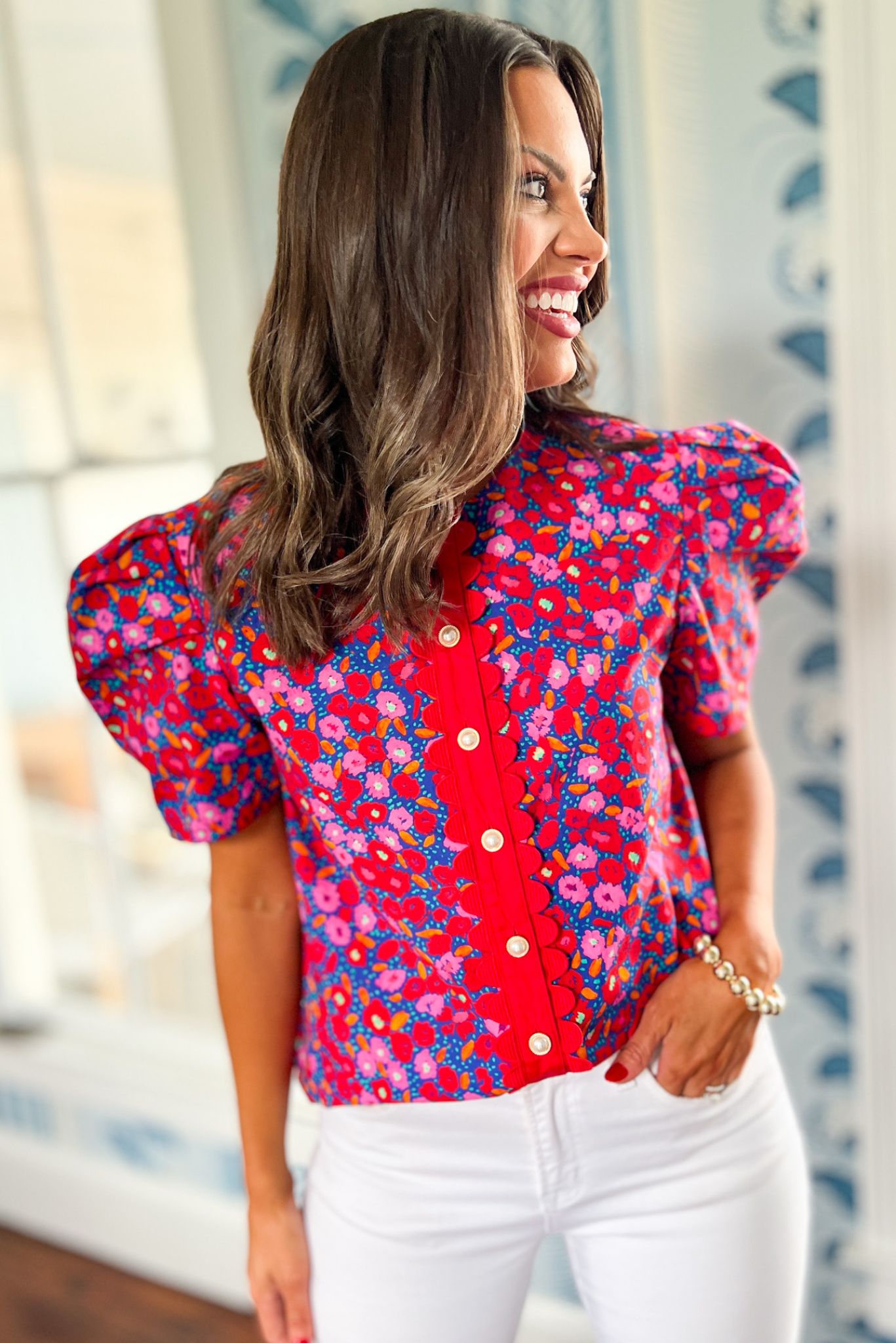 SSYS The Everly Scallop Trim Puff Sleeve Top In Red Floral, ssys top, ssys the label, elevated top, must have top, Fourth of July collection, must have style, mom style, summer style, shop style your senses by MALLORY FITZSIMMONS, ssys by MALLORY FITZSIMMONS