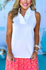 SSYS The Darcy Ruffle Collar Sleeveless Top In White, ssys the label, spring break top, spring break style, spring fashion affordable fashion, elevated style, bright style, ruffle top, mom style, shop style your senses by mallory fitzsimmons, ssys by mallory fitzsimmons