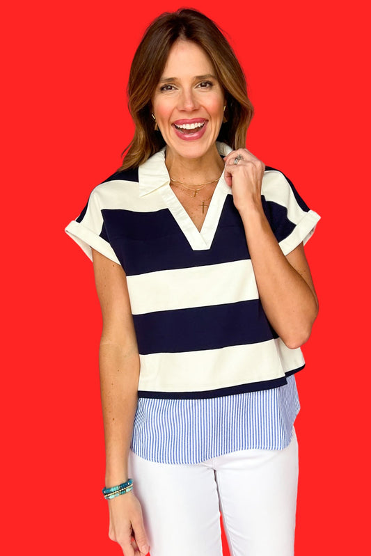 Navy Stripe V Neck Collared Twofer Top, top, collared top, v neck top, striped stop, navy striped top, navy and white striped top, twofer top, must have top, elevated top, elevated style, summer top, summer style, Shop Style Your Senses by Mallory Fitzsimmons, SSYS by Mallory Fitzsimmons