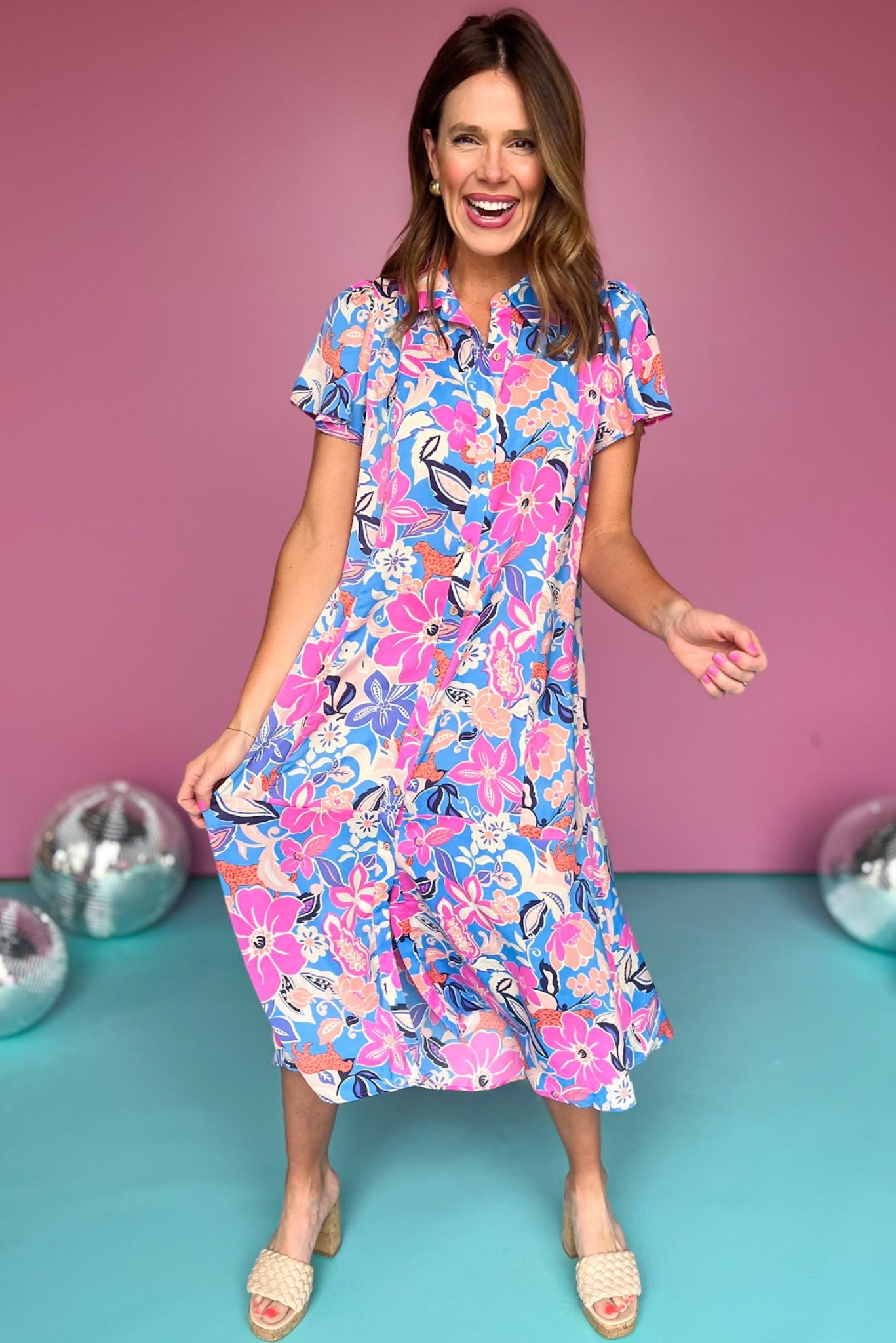 Blue Multi Floral Collared Short Sleeve Button Down Shirt Dress, printed dress, midi dress, must have dress, must have style, weekend style, brunch style, spring fashion, elevated style, elevated style, mom style, shop style your senses by mallory fitzsimmons, ssys by mallory fitzsimmons