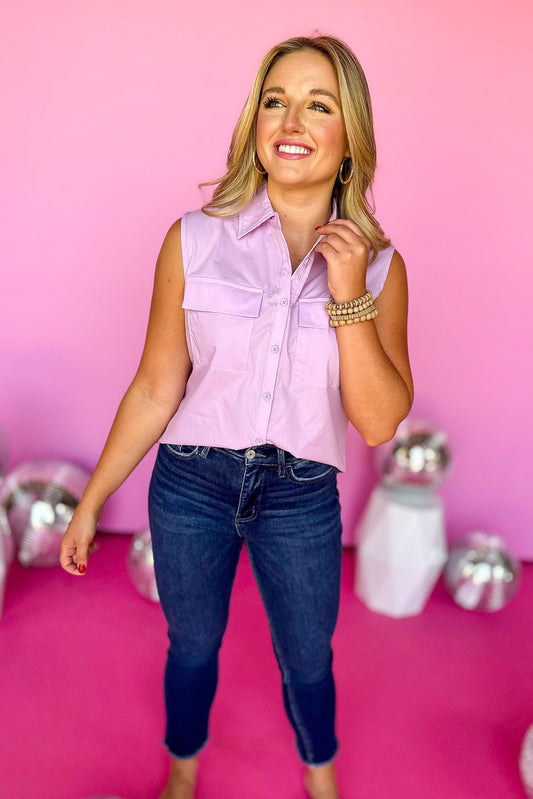  Lavender Sleeveless Button Front Hi Low Hem Shirt, summer top, elevated style, mom style, summer style, shop style your senses by mallory fitzsimmons