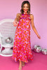 Karlie Coral Purple Floral Printed Mock Neck Halter Maxi Dress
