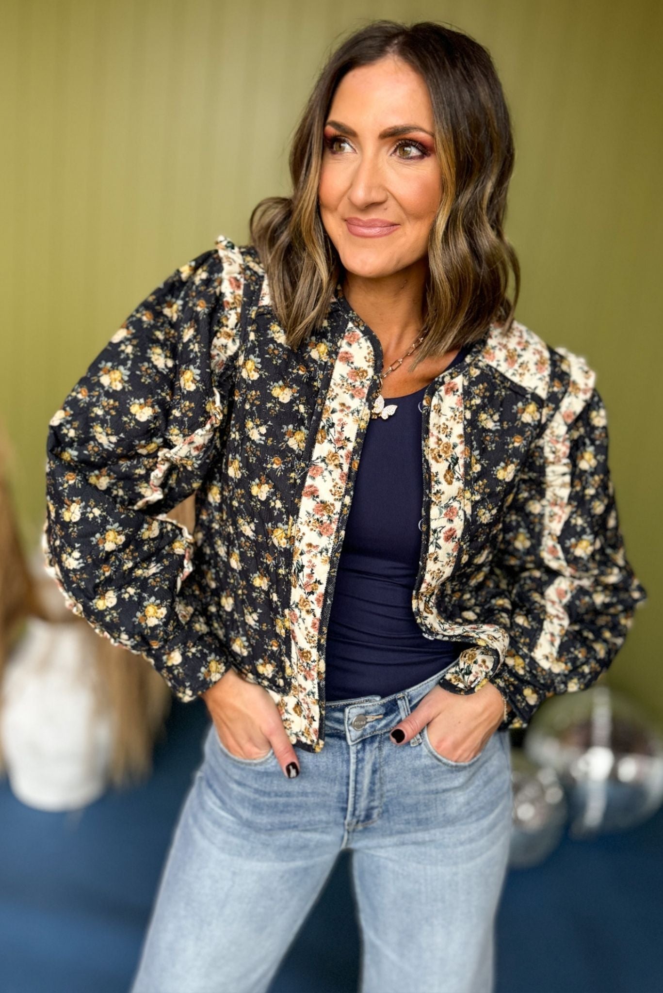 Karlie Black Ditzy Floral Corded Ruffle Jacket, must have jacket, must have style, fall style, fall fashion, elevated style, elevated jacket, mom style, fall collection, fall dress, shop style your senses by mallory fitzsimmons