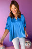 French Blue Satin V Neck Half Sleeve Top, must have top, must have style, office style, winter fashion, elevated style, elevated top, mom style, work top, shop style your senses by mallory fitzsimmons