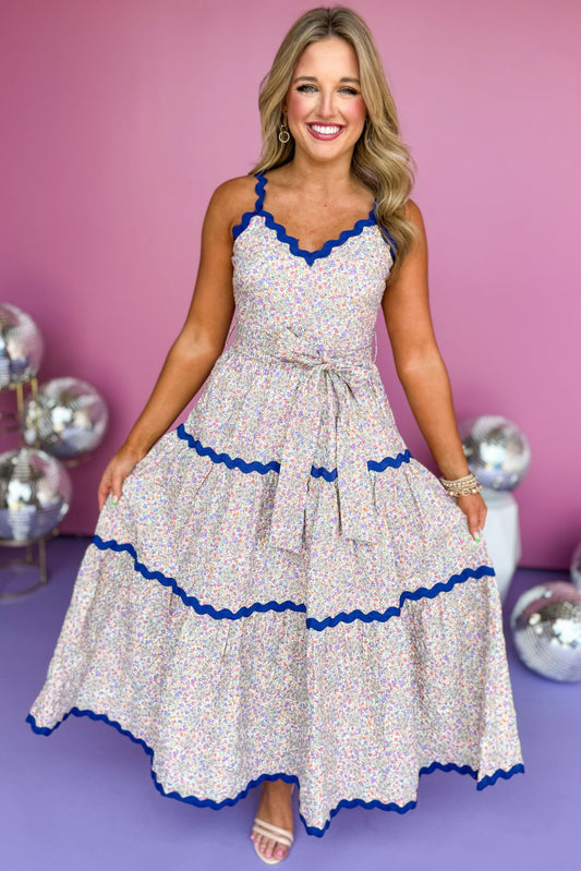 Blue Floral Ric Rac Detail Tiered Ruffle Maxi Dress, Floral dress, spring dress, church dress, spring style, church style, elevated style, mom style, maxi dress, shop style your senses by mallory fitzsimmons, ssys by mallory fitzsimmons