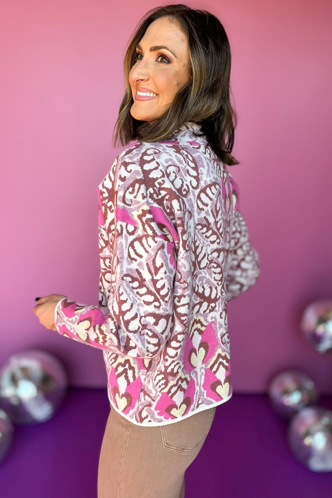 Pink Paisley Printed Mock Neck Long Sleeve Sweater, must have sweater, must have style, must have fall, fall collection, fall fashion, elevated style, elevated sweater, mom style, fall style, shop style your senses by mallory fitzsimmons