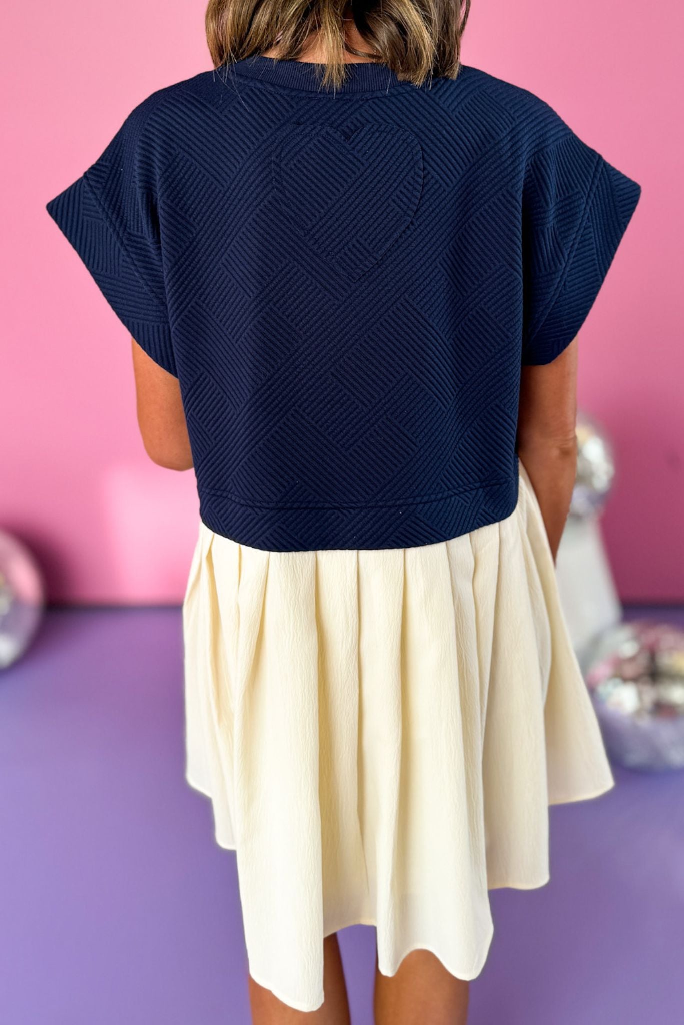 Navy Quilted Top Pleated Bottom Dress, heart detail dress, must have dress, must have style, church style, spring fashion, elevated style, elevated dress, mom style, work dress, shop style your senses by mallory fitzsimmons, ssys by mallory fitzsimmons