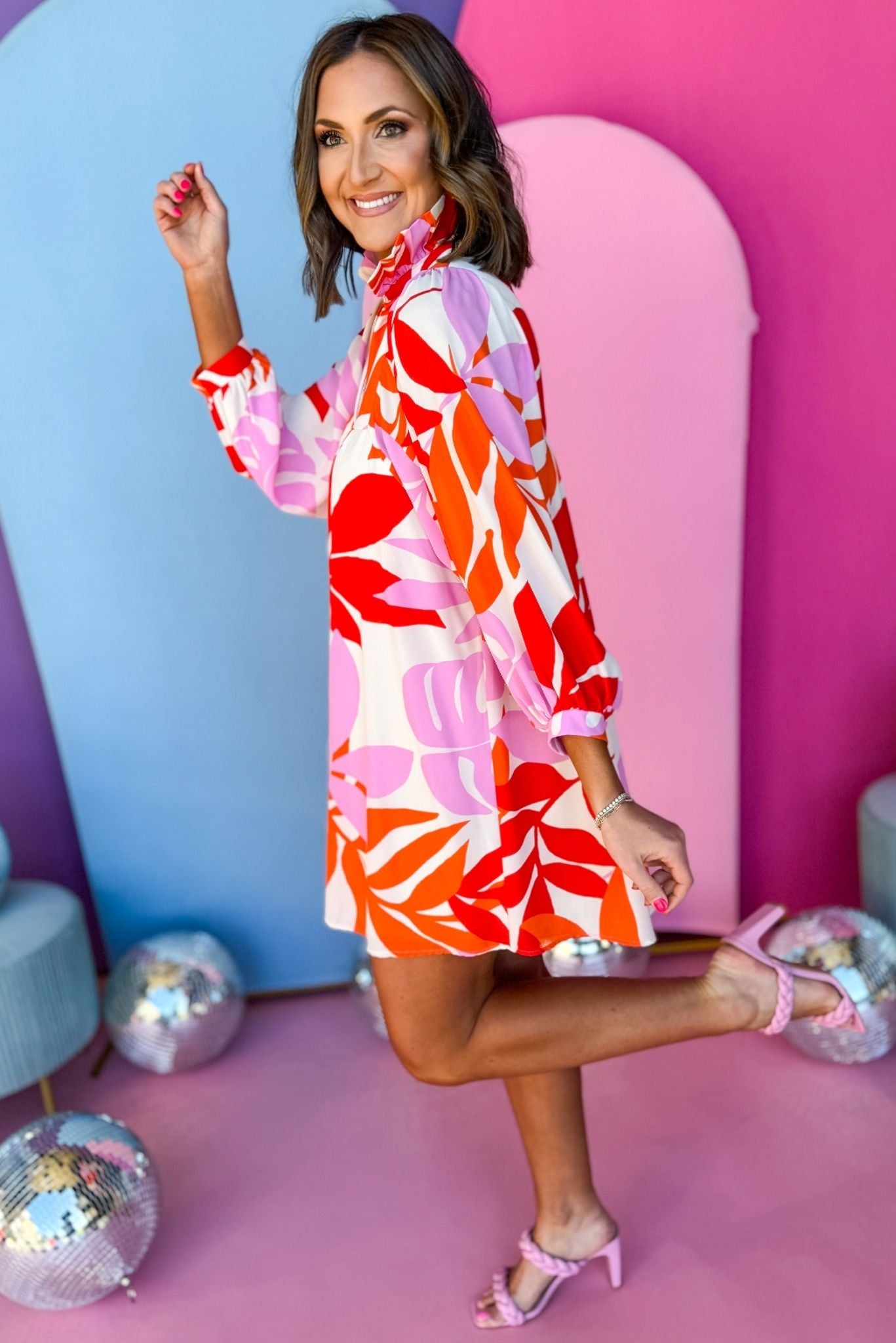 Orange Floral High Ruffle Collar V Neck Dress, floral dress, must have dress, must have style, brunch style, spring fashion, elevated style, elevated dress, mom style, shop style your senses by mallory fitzsimmons, ssys by mallory fitzsimmons