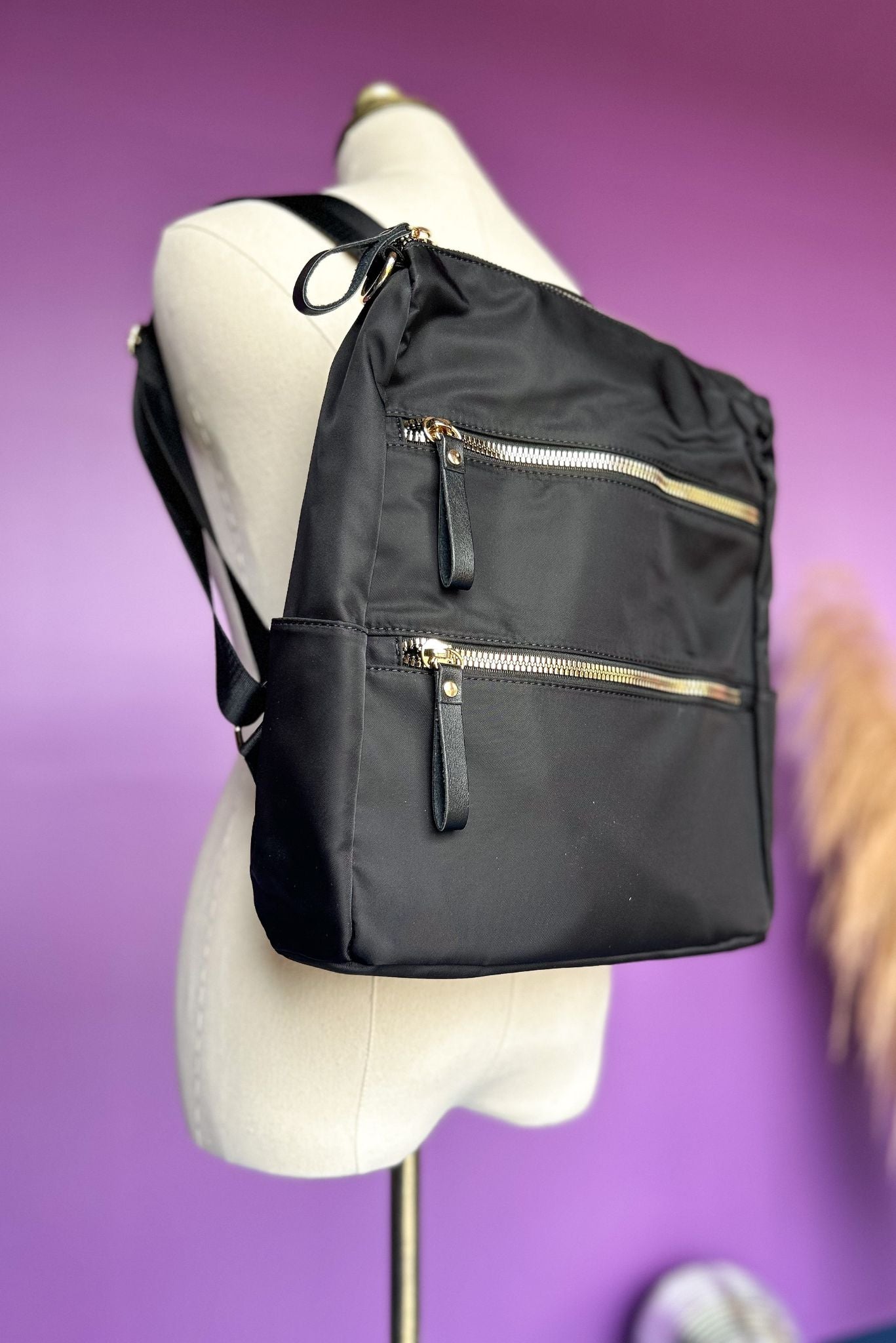  Black Nylon Triple Zipper Backpack, accessories, backpack, elevated backpack, shop style your senses by mallory fitzsimmons