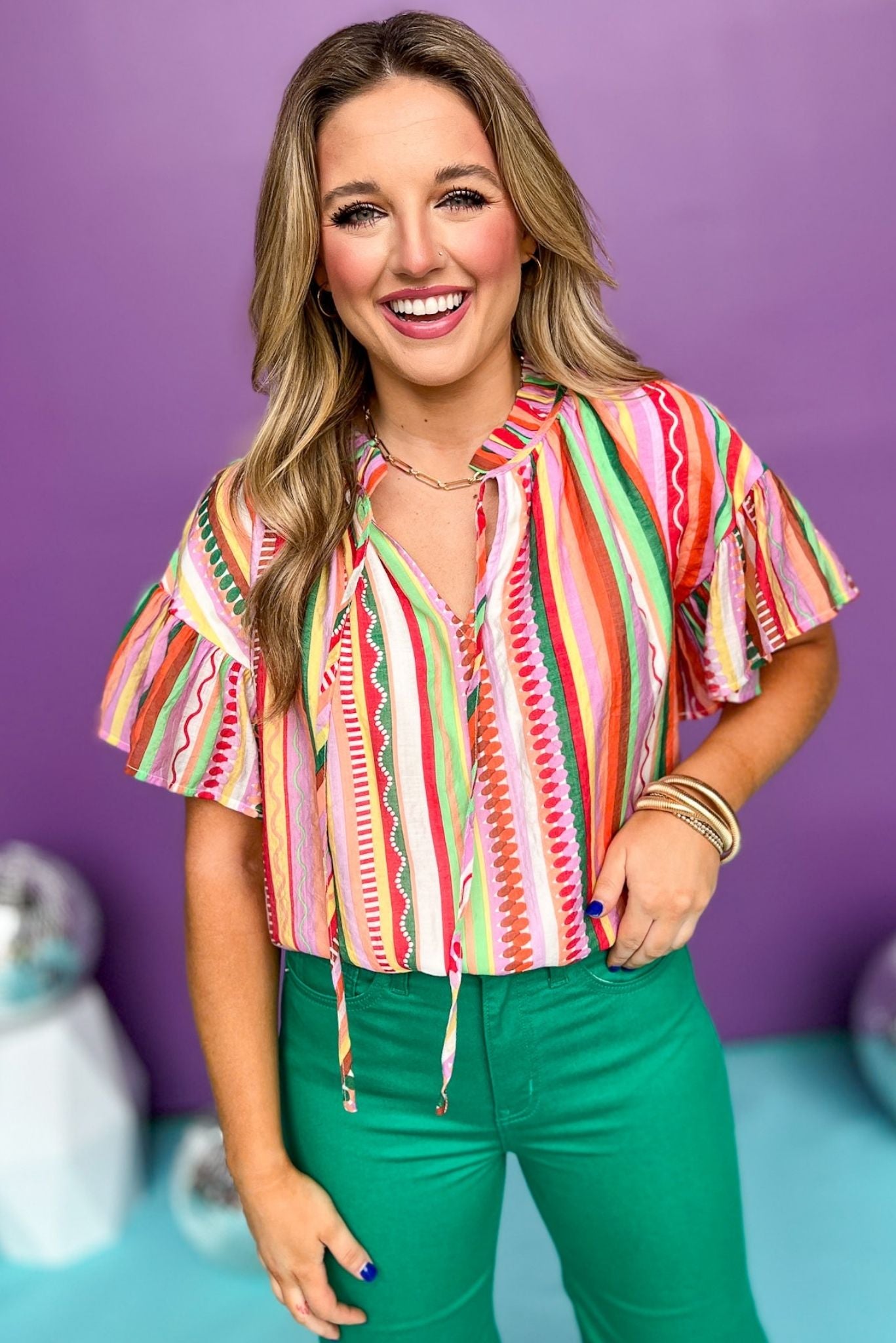 Coral Combo Frill Tie Neck Ruffle Sleeve Top, must have top, must have style, brunch style, summer style, spring fashion, elevated style, elevated top, mom style, shop style your senses by mallory fitzsimmons, ssys by mallory fitzsimmons