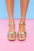 Gold Metallic Raffia Platform Block Heel Sandals