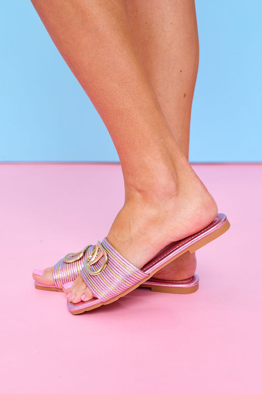 Pink Metallic Buckle Slide Sandals