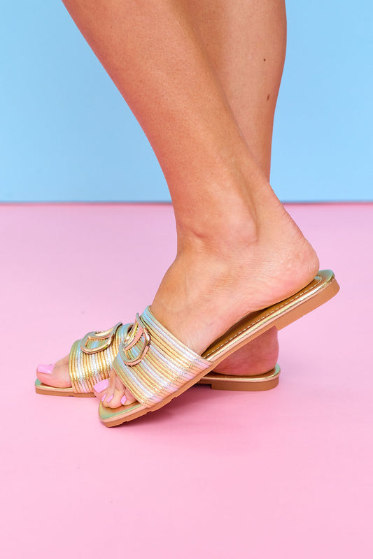 Gold Metallic Buckle Slide Sandals