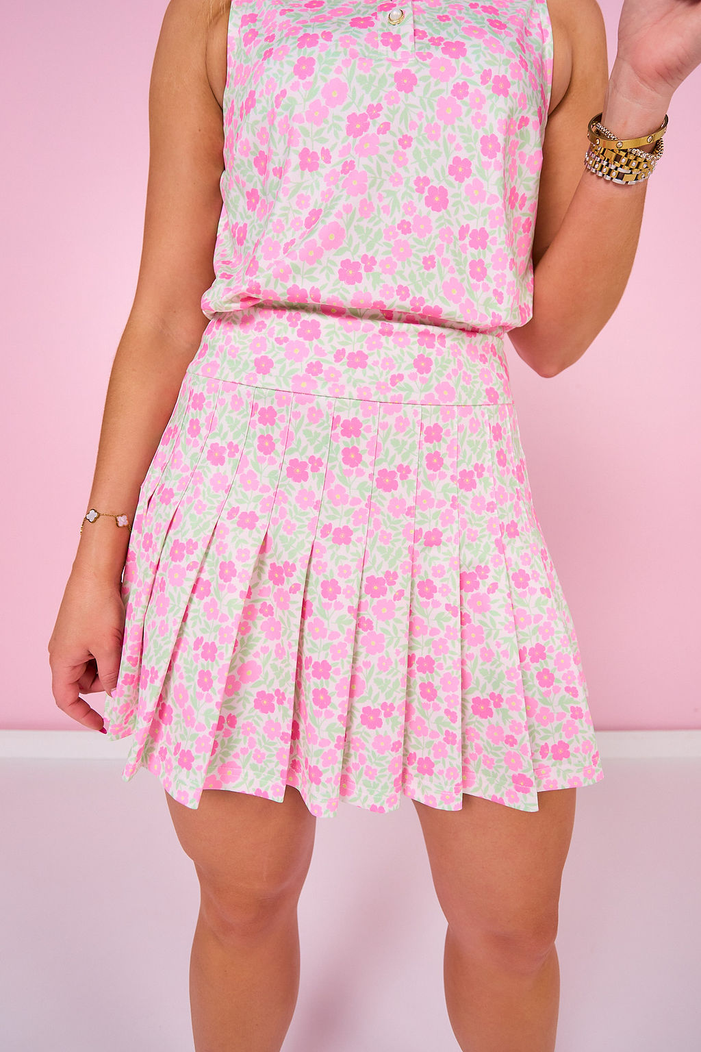 SSYS Pink Blossoms Sleeveless Polo and Pleated Skort Pickleball Set