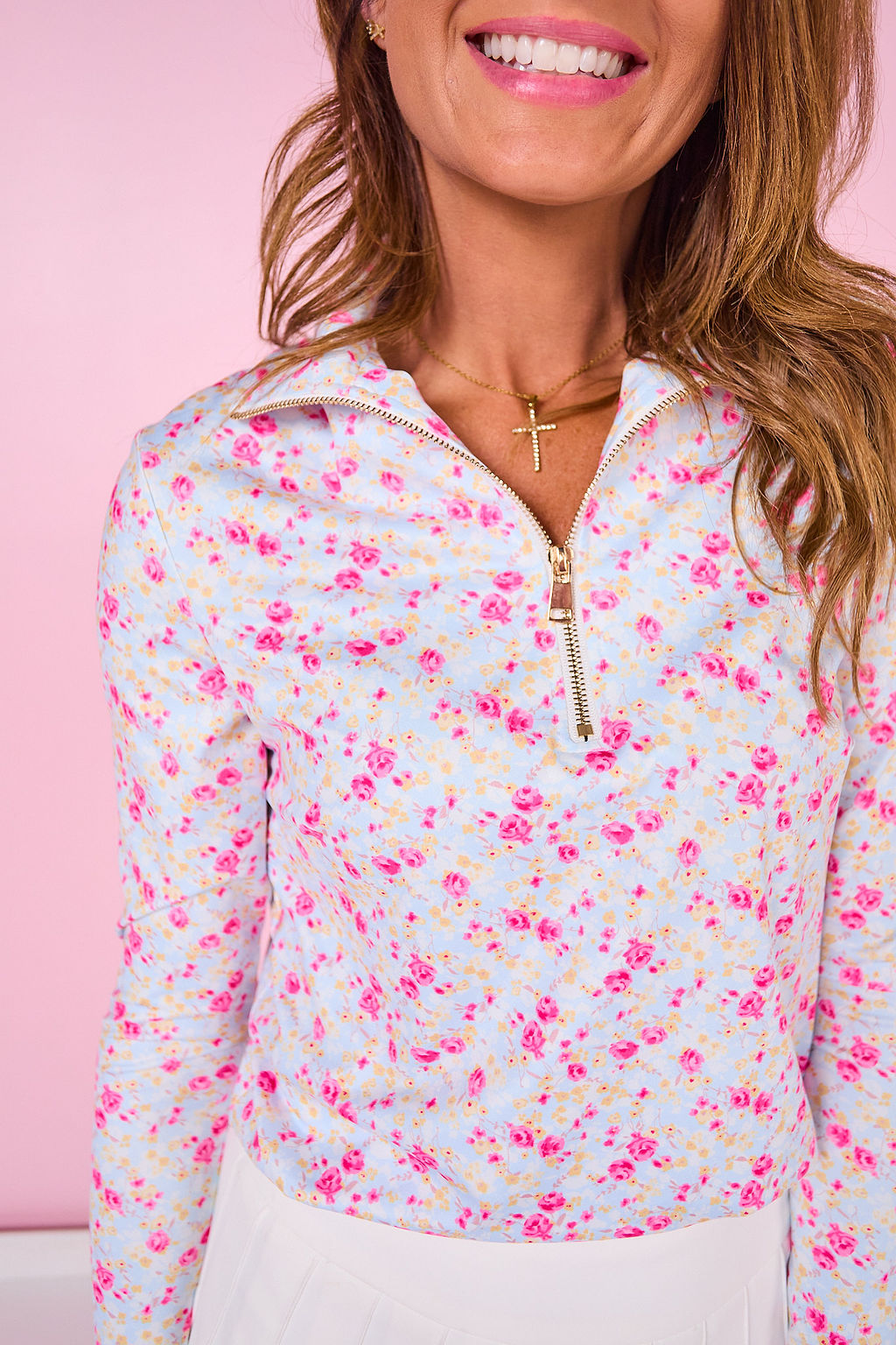SSYS Long Sleeve Quarter Zip Printed Top In Light Blue Rose Meadow