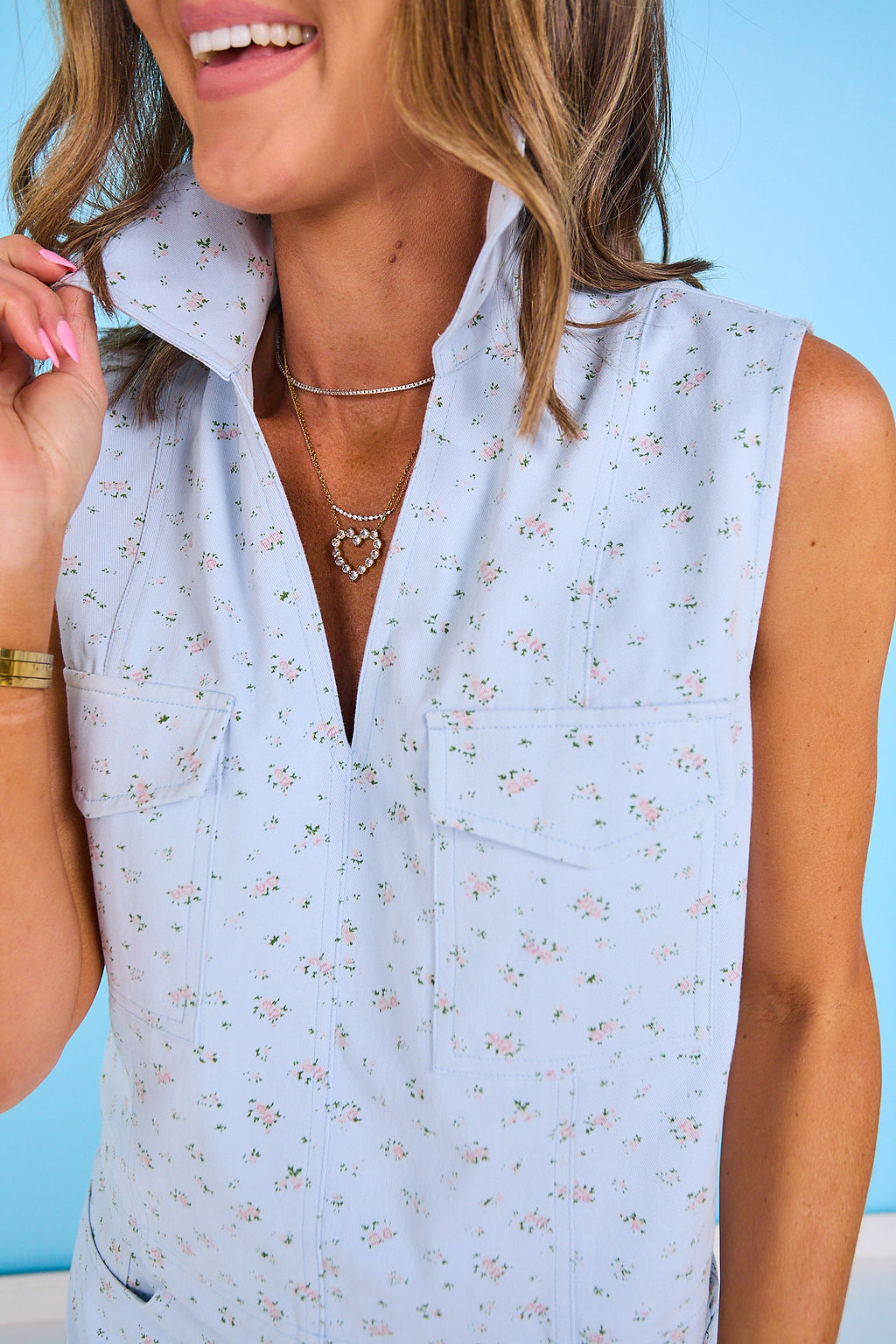 SSYS Willa Denim Collared Pocket Front Top In Blue Floral