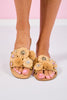 Natural Raffia Pom and Jewel Embellished Slides