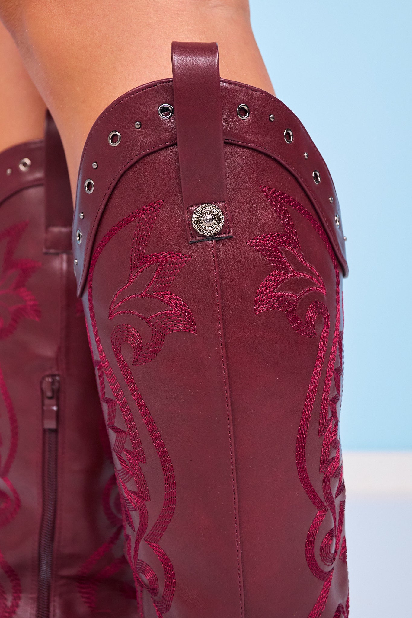 Deep Maroon Grommet Embroidery Detail Boots