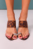 Brown Animal Print Embellished Toe Strap Heels