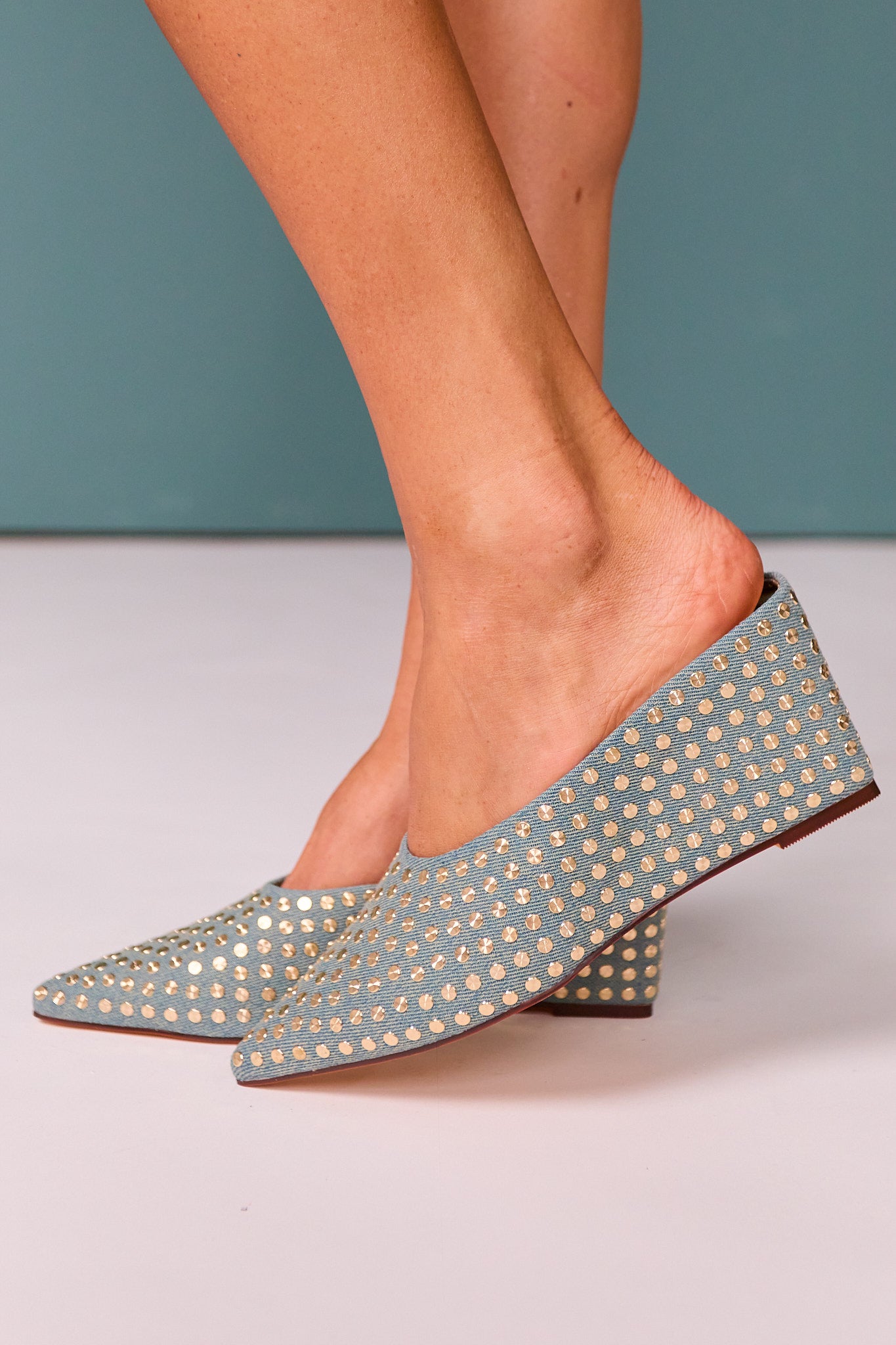 Denim Wedge Mule with Gold Studs