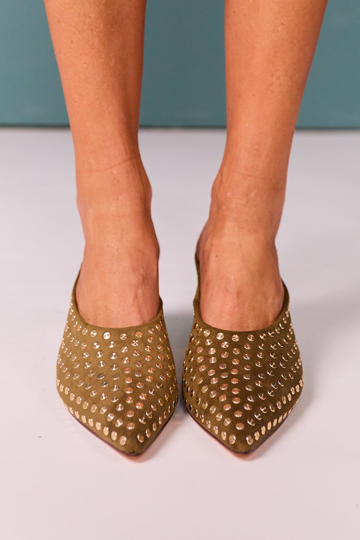 Olive Wedge Mule with Gold Studs