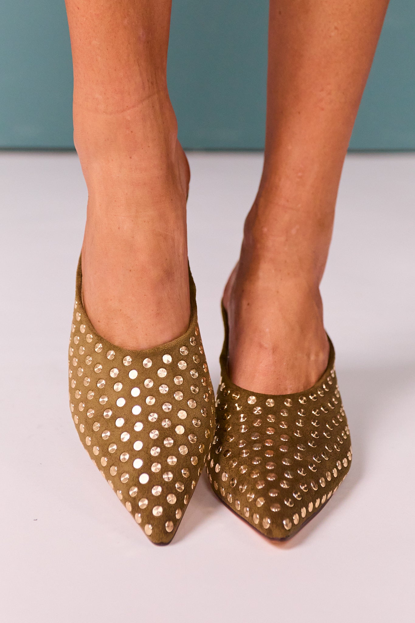 Olive Wedge Mule with Gold Studs