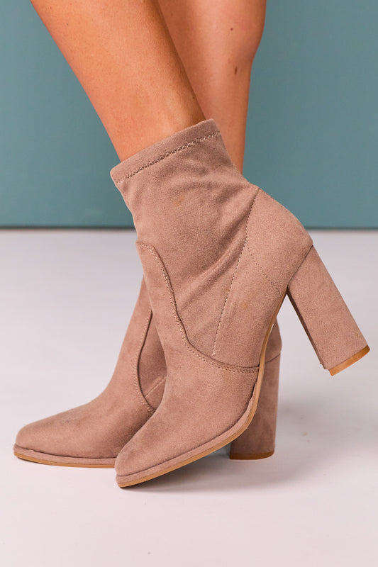 Khaki Faux Suede Stretch Booties