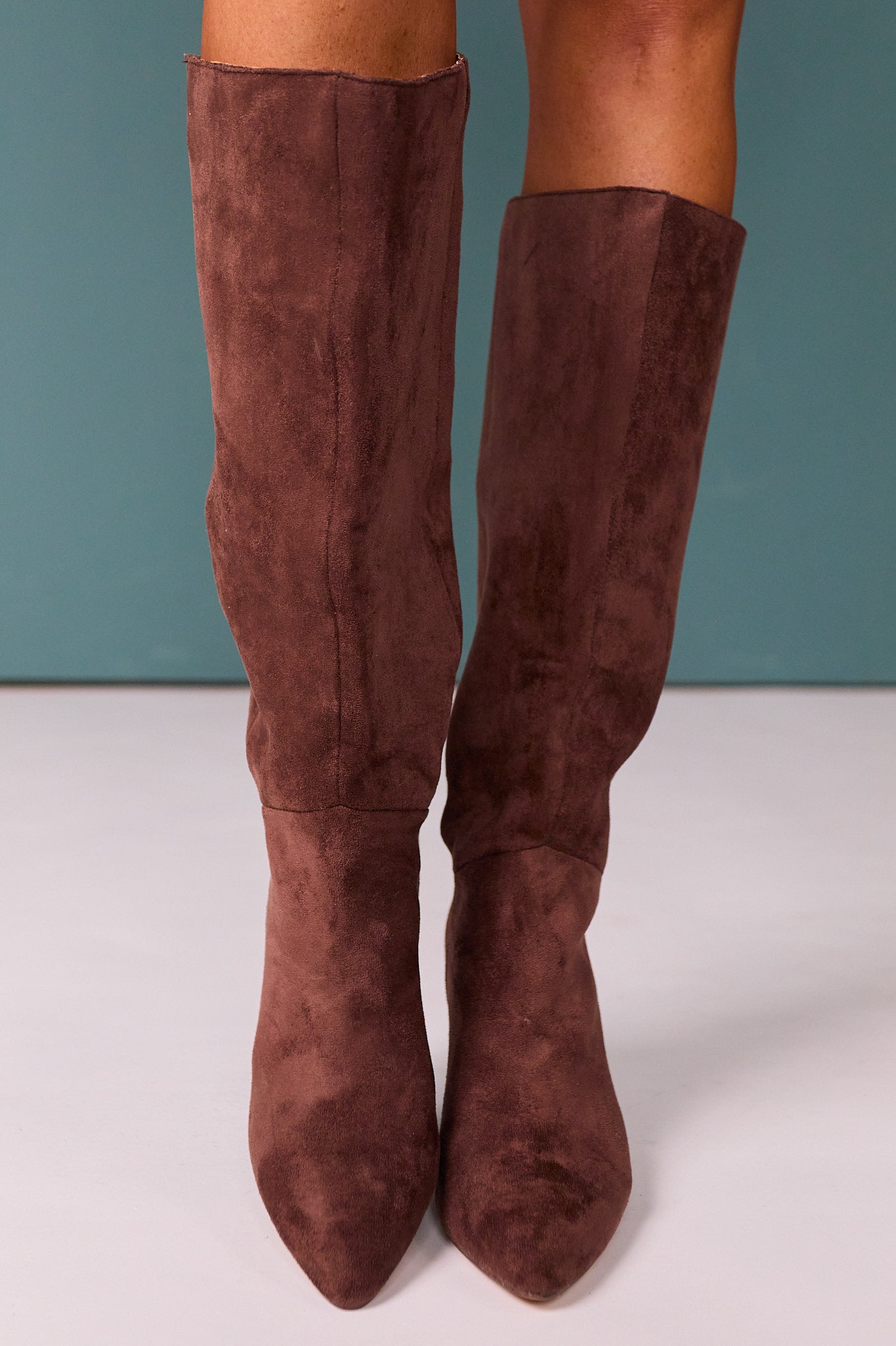 Chocolate Faux Suede Tall Heeled Boots