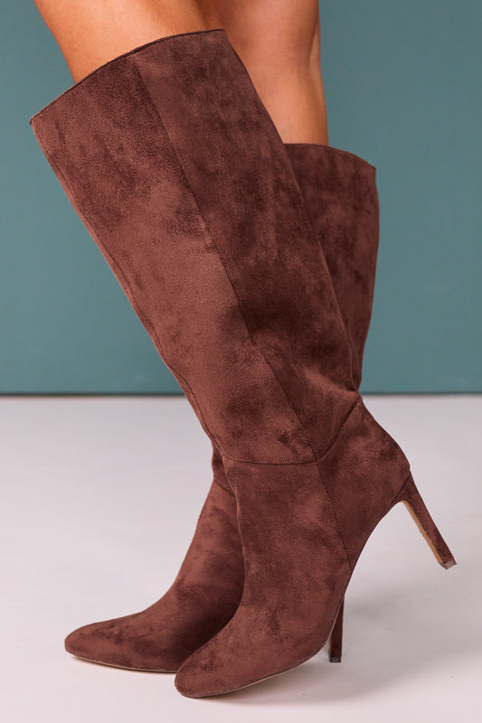 Chocolate Faux Suede Tall Heeled Boots