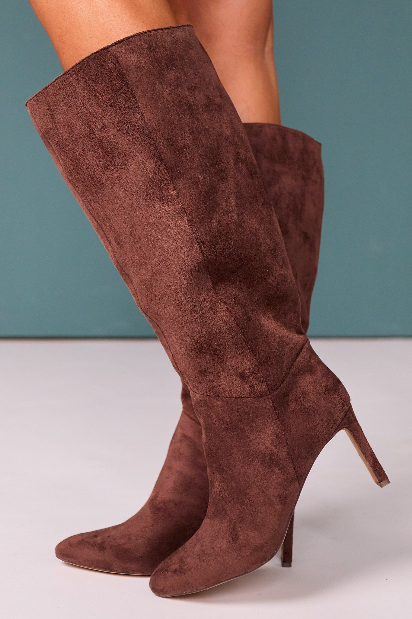 Chocolate Suede Heeled Pointed Toe Tall Boots