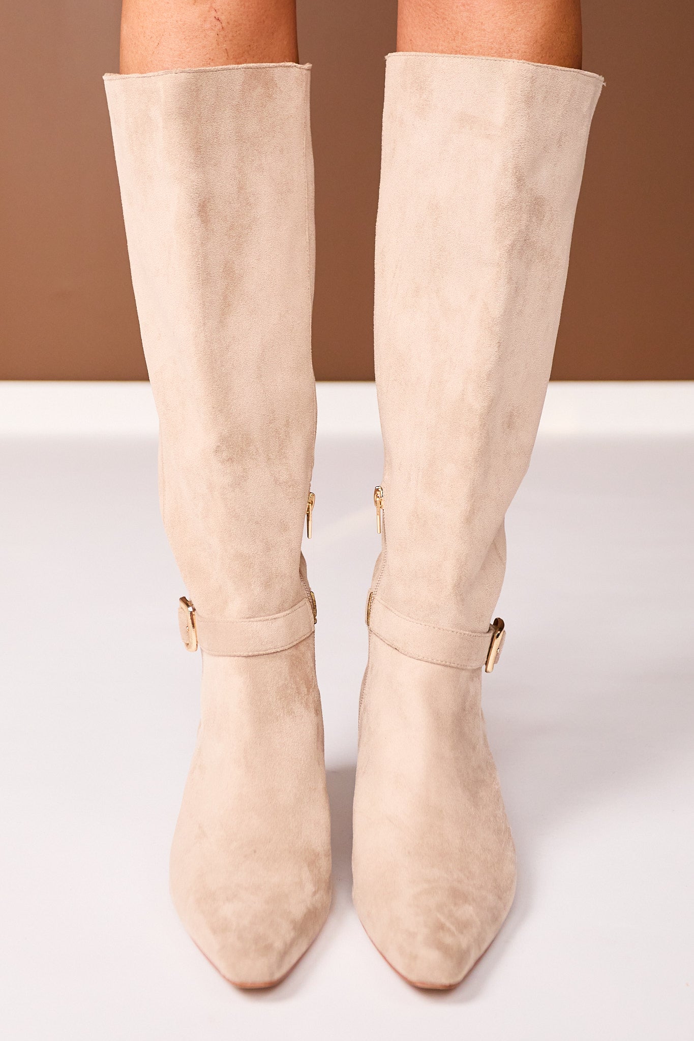 Beige Buckle Tall Faux Suede Boots