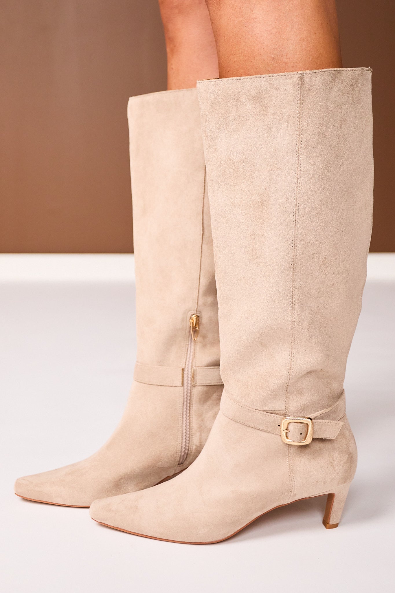 Beige Buckle Tall Faux Suede Boots