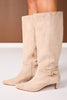 Beige Buckle Tall Faux Suede Boots