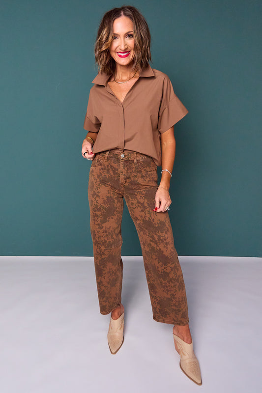 Vervet Brown Floral High Rise Barrel Jeans
