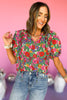 Pink Floral Printed Frilled Tie V Neck Ruffled Shoulder Top, floral top, printed top, summer to fall, must have style, elevated style, mom style, shop style your senses by mallory fitzsimmons