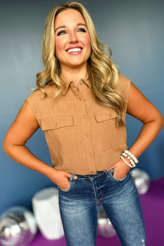  Brown Sleeveless Front Pocket Detail Button Down Top , must have top, must have sleeveless top, elevated style, elevated top, button down top, mom style, fall style, shop style your senses by mallory fitzsimmons